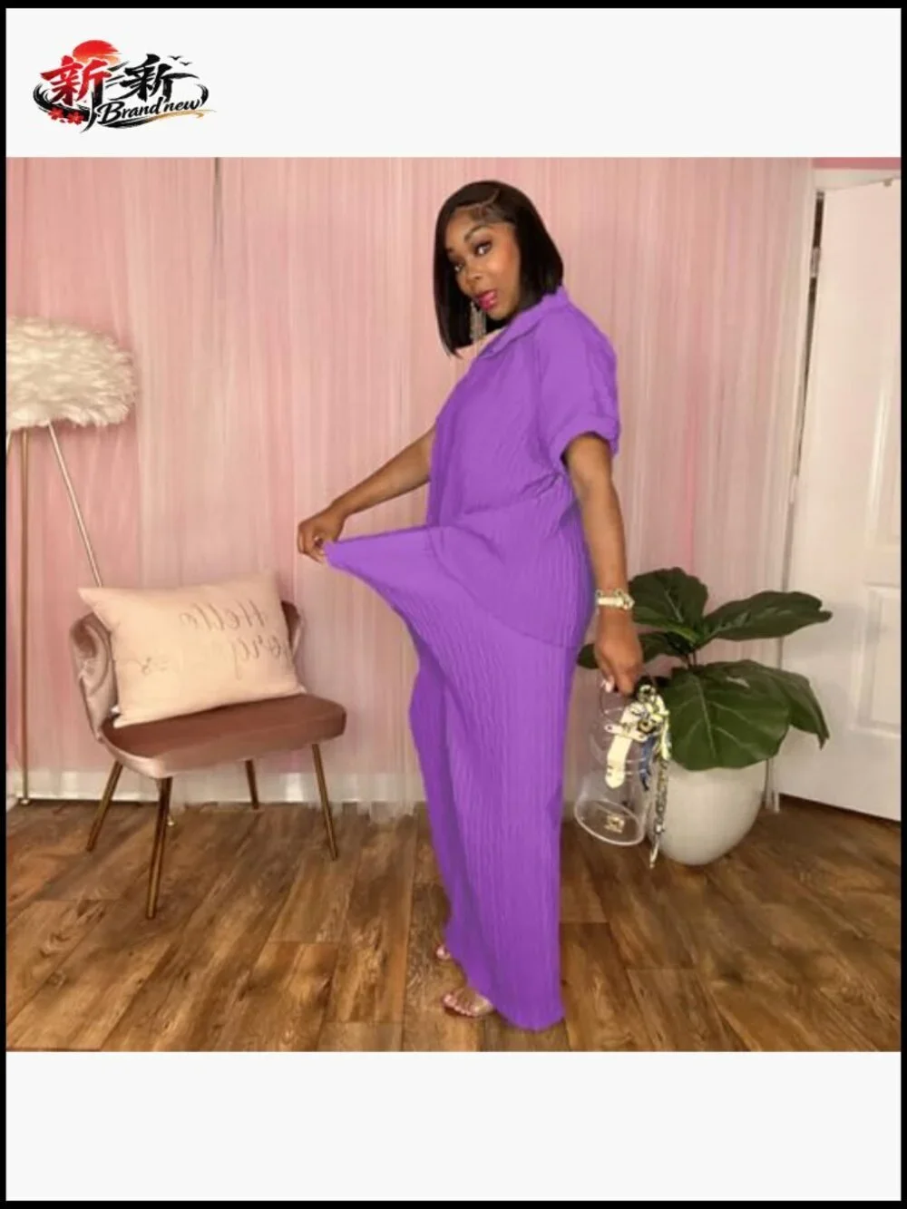 Polyester Spandex Two Piece Set Button Down Shirt Wide Leg Pants